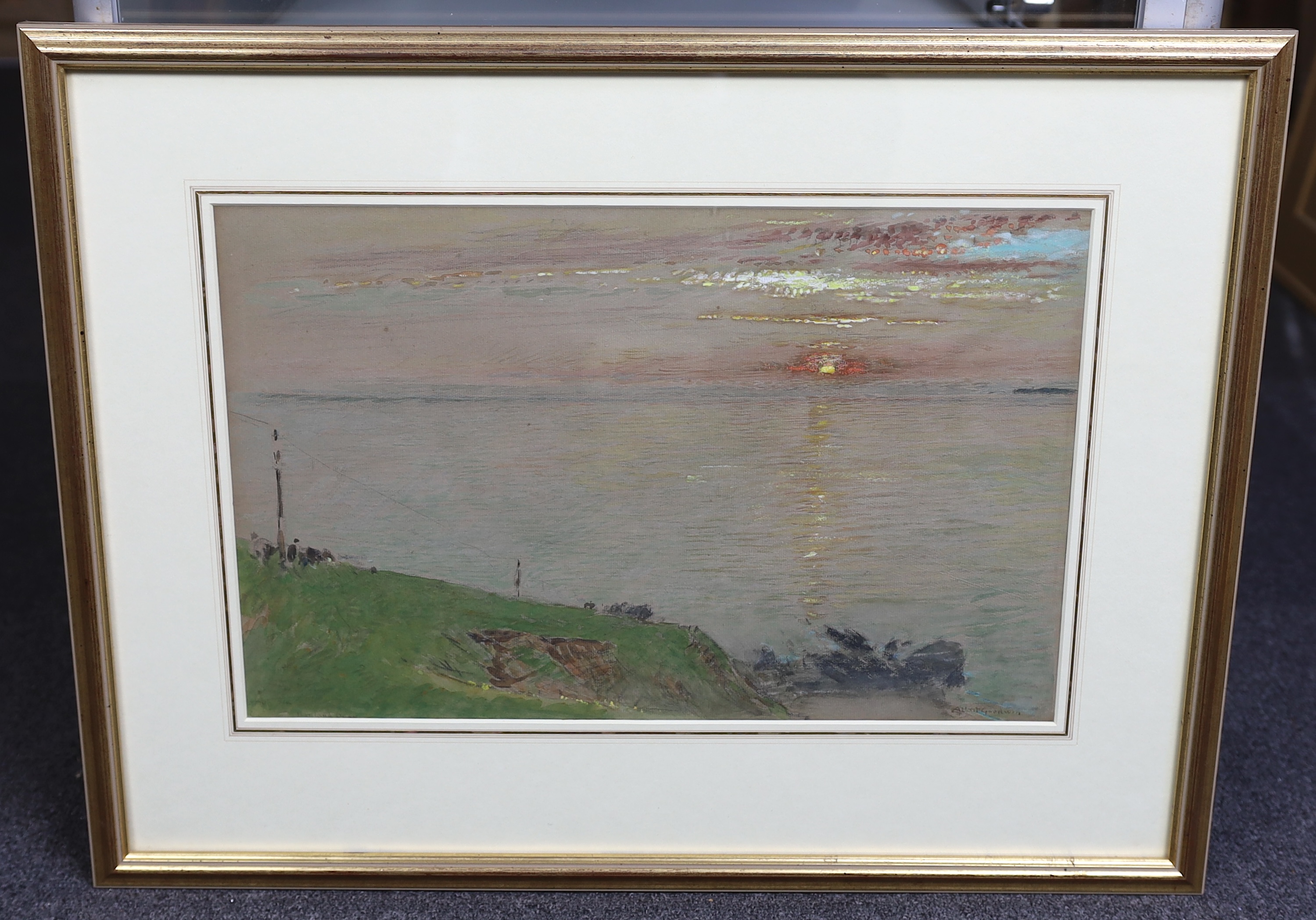 Albert Goodwin RWS (British, 1845-1932), Sunset from the shore, watercolour and gouache on grey paper, 29 x 46cm